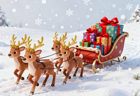 Santa Claus with reindeer sleigh with gifts on snowy backgroundの素材