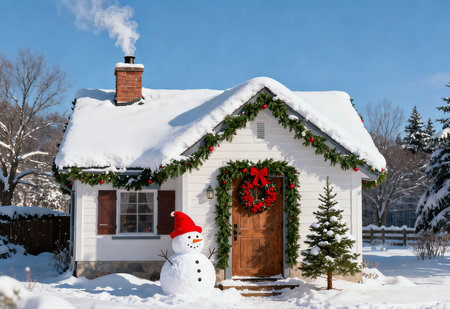 Snowman in front of a house with a chimney in winterの素材