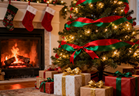Christmas tree with presents and fireplace in the background. Winter holidays.の素材