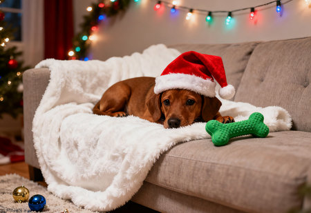 Adorable dachshund dog in santa hat on sofa at homeの素材