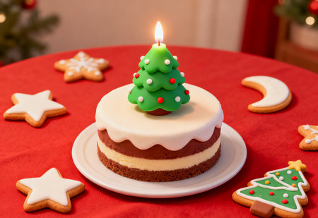 Christmas cake with Christmas tree and gingerbread cookies on red tableclothの素材