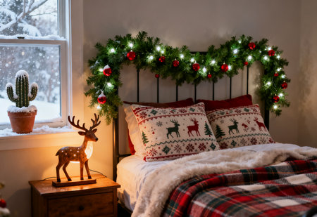 Christmas and New Year cozy bedroom decorated with fir tree branches, Christmas lights and red pillows on the bedの素材
