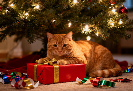 Cute ginger cat lying under the Christmas tree with a gift boxの素材