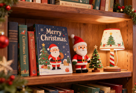 Christmas and New Year concept. Christmas decorations on the bookshelf.の素材