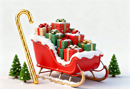 Santa Claus sleigh with gifts and Christmas trees on a white backgroundの素材