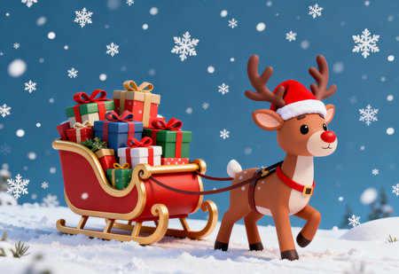 Christmas reindeer with sledge full of gifts, 3d illustrationの素材