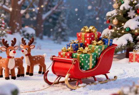 Santa Claus sleigh with gifts and reindeer on snow backgroundの素材