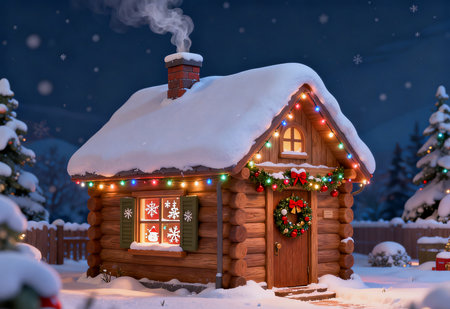 Beautiful wooden house with Christmas lights in the village. Winter landscape.の素材