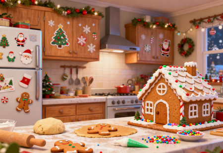 Christmas gingerbread house in the kitchen with Christmas tree and decorations.の素材