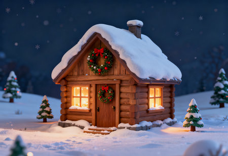 Christmas and New Year miniature wooden house in the mountains. Christmas background.の素材