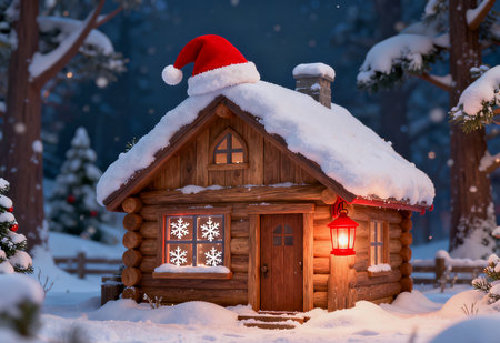 Wooden house with a red christmas hat in the winter forestの素材