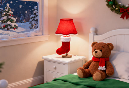 Christmas decoration with teddy bear and red Christmas stocking on the bedの素材