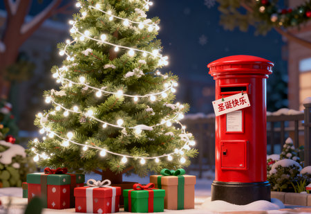 Red post box with christmas tree and gift boxes on the backgroundの素材