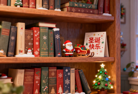 Merry Christmas and Happy New Year. Christmas decorations on the bookshelf.の素材