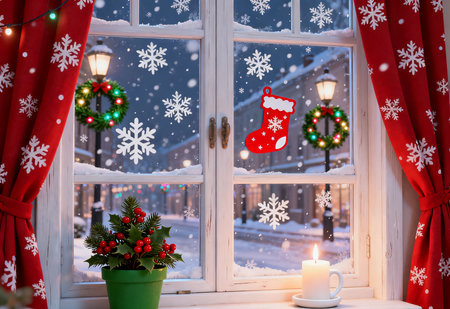 Christmas decoration on the window of a country house with snowflakesの素材