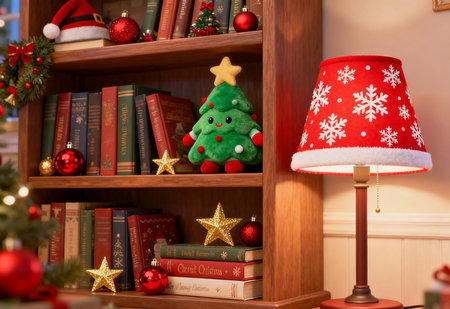 Christmas decorations on bookshelf in living room, closeup viewの素材