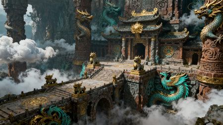 3D CG rendering of ancient Chinese temple with dragon and cloud.の素材