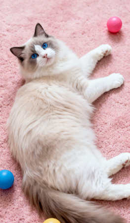 White cat with blue eyes lying on pink carpet and playing with colorful eggsの素材