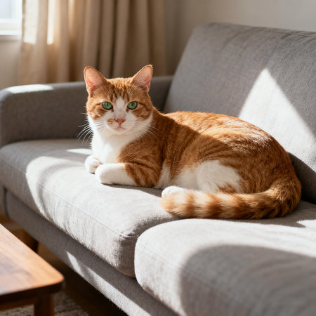 Cute ginger cat with green eyes lying on sofa at home.の素材