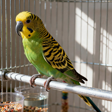 Yellow and green budgerigar parrot in a cage.の素材