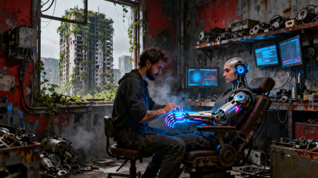 Two robots working on a machine in an abandoned factory. Industrial conceptの素材