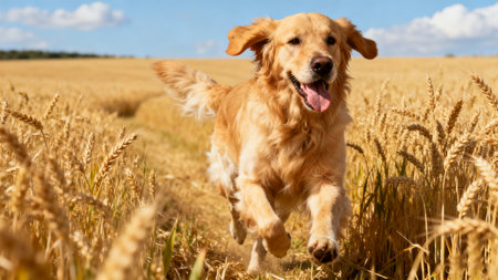 Golden Retriever running in a wheat field with ears of wheatの素材