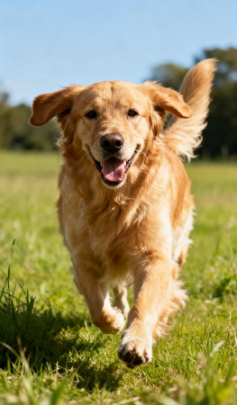 Golden Retriever running in the park on a sunny day.の素材