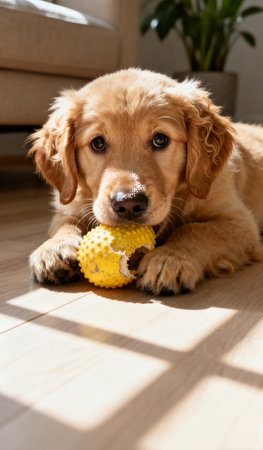 Cute Golden Retriever puppy playing with yellow ball at homeの素材