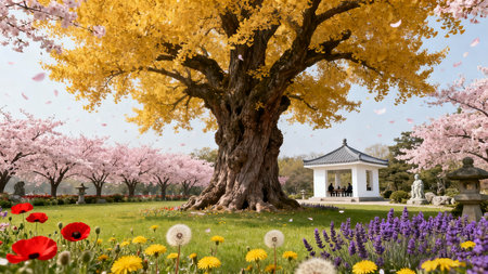 Ginkgo biloba tree and blooming flower garden in springの素材