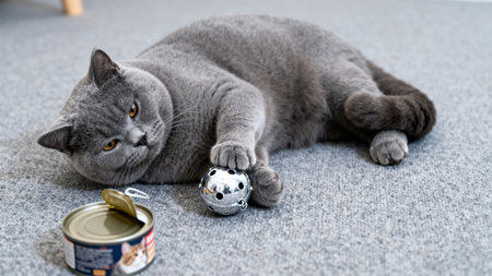 British shorthair cat lying on the floor with tin can and toyの素材