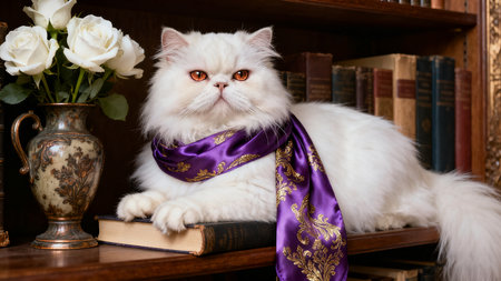 White persian cat with a purple scarf on the bookshelfの素材