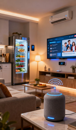 Modern living room interior with air conditioner and remote control panel.の素材