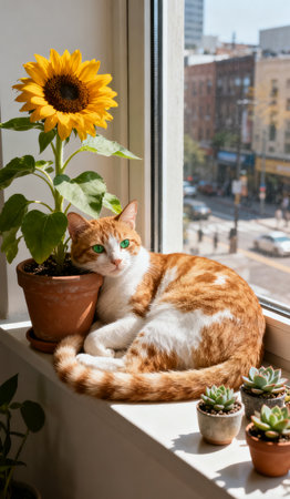 Cat and sunflower on the windowsill. Sunny day in the city.の素材