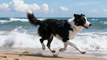 Border collie dog running on the beach in summer. Australian Shepherdの素材