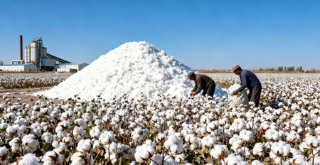 Cotton Plantation - Cottongrass field with workersの素材