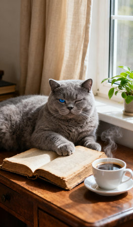 Cute british cat with book and cup of coffee on wooden tableの素材