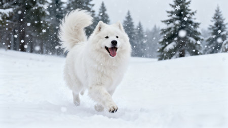 Samoyed dog running in the snow. Winter season. Snowfall.の素材