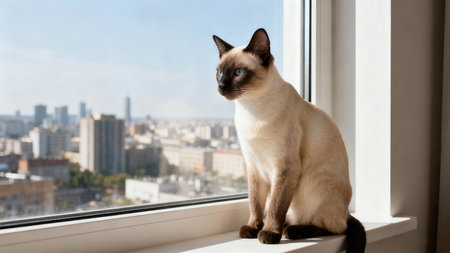 Siamese cat sitting on a window sill and looking at the cityの素材