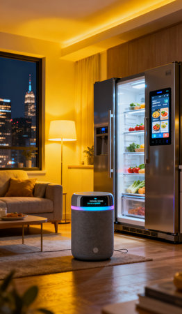 Modern refrigerator with digital kitchen thermostat in living room at nightの素材