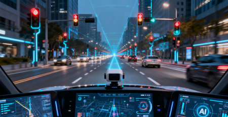 Futuristic car driving on a city street at night with lights.の素材