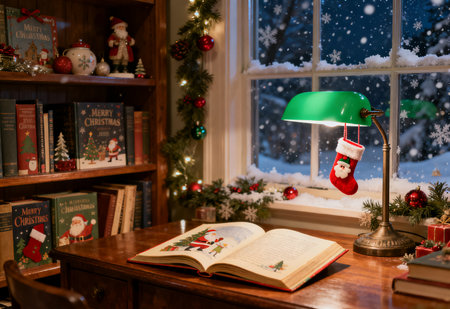Book and lamp on the windowsill of the house. Christmas backgroundの素材