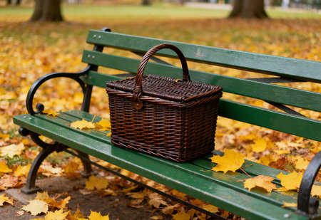 Picnic basket on a bench in the park. Autumn season.の素材