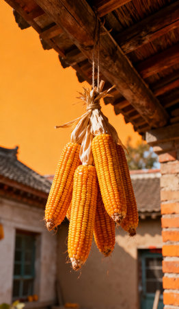 Dried corn hanging on the roof of a house in China.の素材