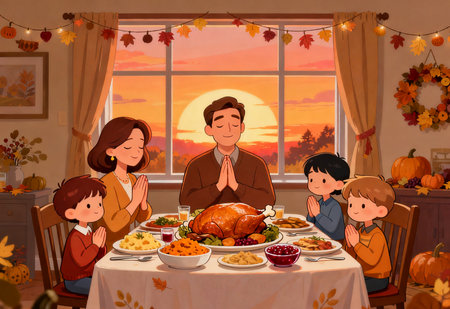 Thanksgiving dinner with family at home. Vector illustration in cartoon style.の素材
