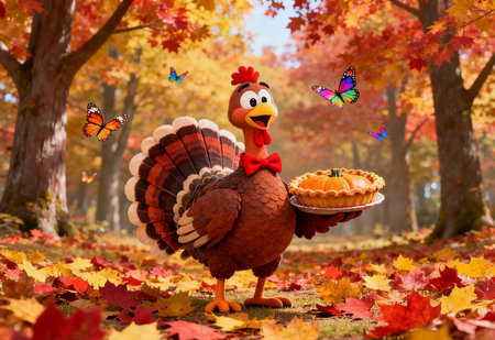 Thanksgiving turkey with cake and butterflies in the autumn forest. Thanksgiving concept.の素材