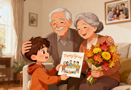 Grandfather and grandson holding a greeting card with happy family at homeの素材