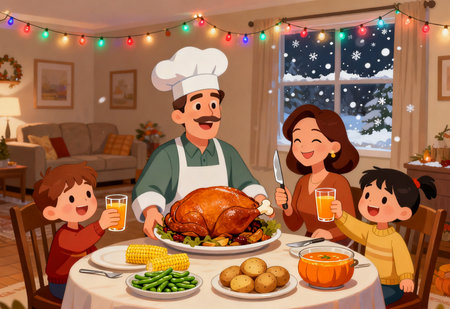Happy family celebrating Thanksgiving dinner at home. Vector cartoon illustration of happy family with kids, parents and children.の素材