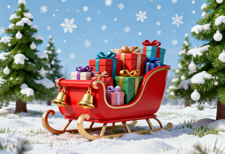 Santa Claus sleigh with gifts and bells in the snow. Christmas background.の素材