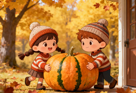 Cute kids with pumpkin in autumn park. Happy childhood concept.の素材