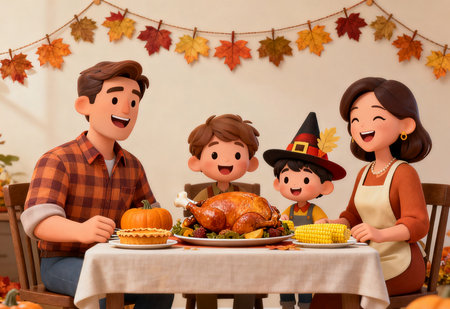 Happy family having Thanksgiving dinner together at home. Mother, father, son and daughter celebrate Thanksgiving.の素材